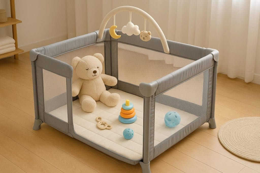 Bright, organized baby play-pen with safe toys and soft mats in a cozy nursery setting