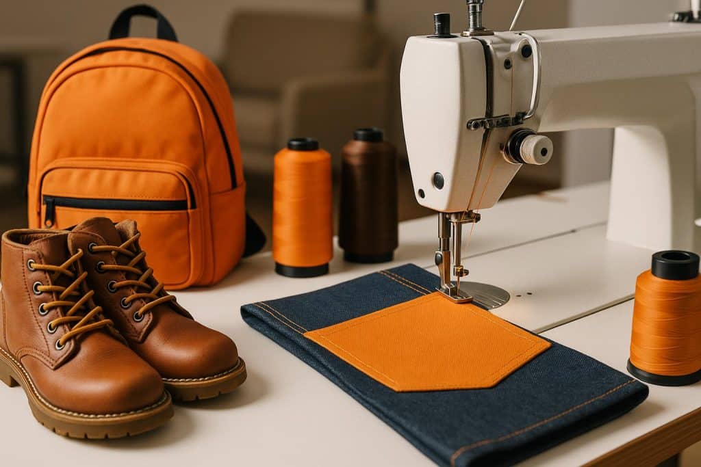 Industrial sewing machine creating various fabric products in a modern manufacturing setting