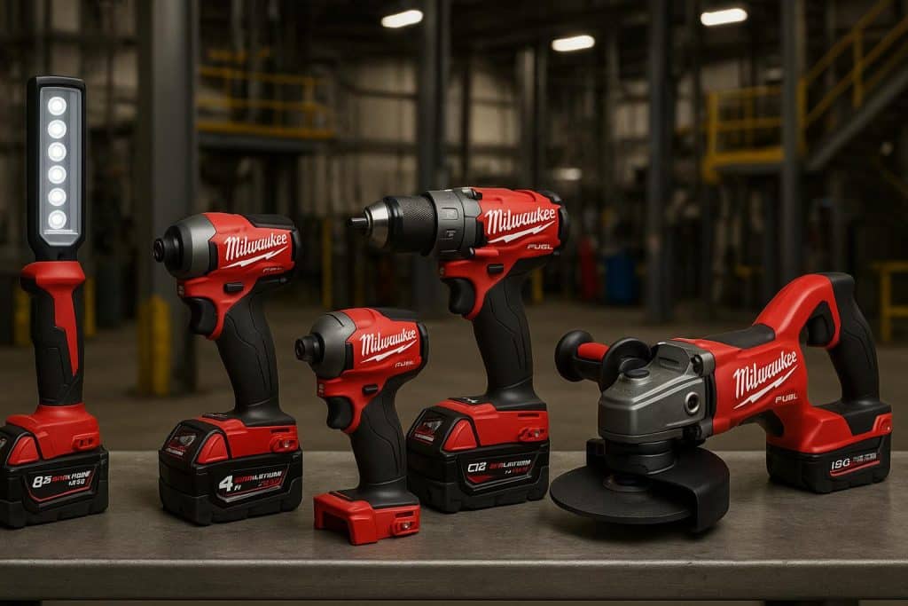 Milwaukee power tools and equipment arranged for industrial maintenance team use