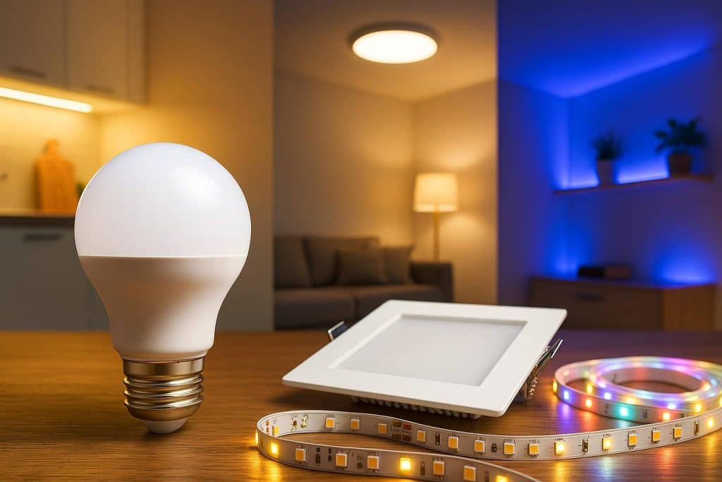 Modern LED lighting fixtures illuminating a stylish living room interior for energy-efficient upgrade