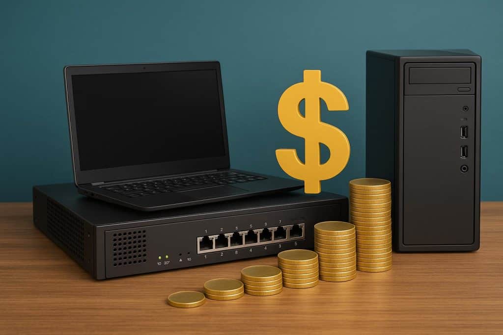 Refurbished laptops and servers stacked in a tech office, illustrating business cost savings