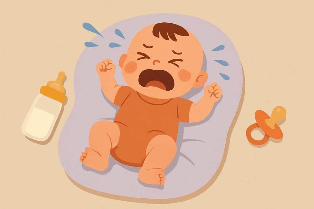 Parent comforting a crying baby with gentle touch to soothe fussiness and promote calmness