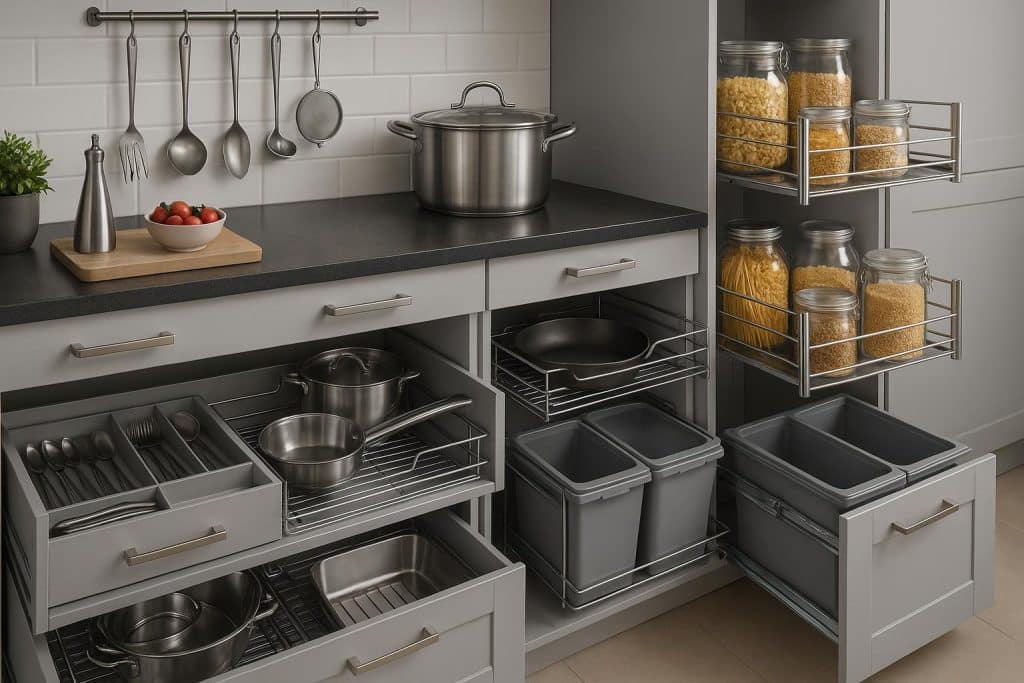 Modern modular kitchen with sleek cabinets, pull-out drawers, and innovative storage accessories