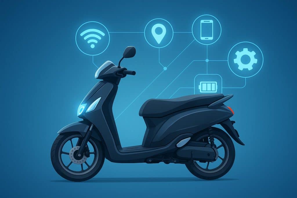 Smart Technology Trends in Modern Two-Wheelers Electric smart motorcycle dashboard displaying digital controls and connectivity features