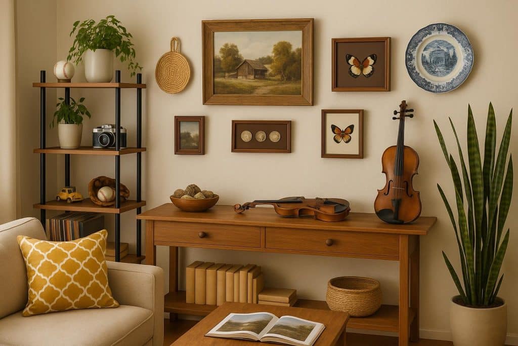 3 Ways to Personalize Your Home With Memorabilia and Collections Living room decorated with travel souvenirs, vintage collectibles, and family memorabilia displays