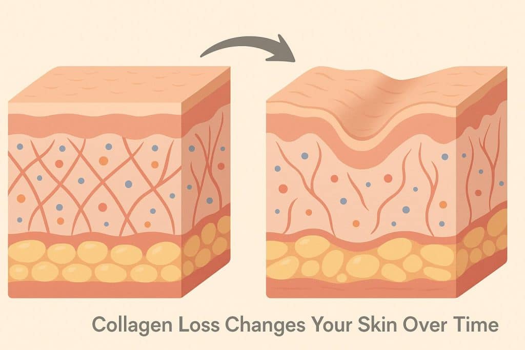 Aging skin showing fine lines and wrinkles caused by collagen loss over time