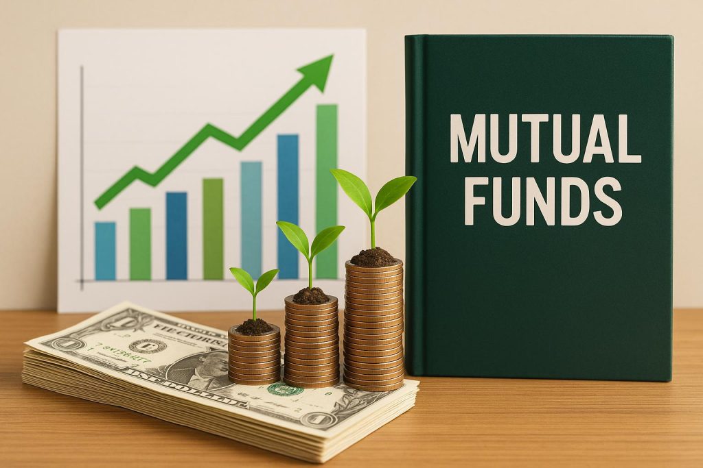 Building Wealth the Smart Way: How to Create the Best Mutual Funds Portfolio for Long-Term Growth? Stack of coins, financial charts, and mutual funds documents representing long-term wealth growth