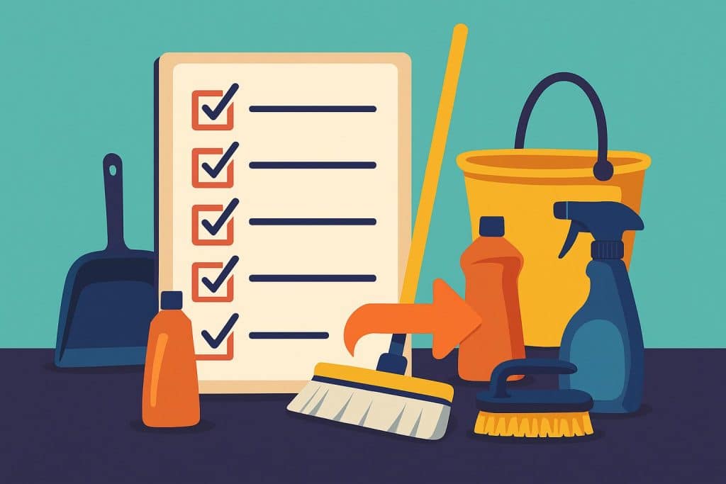 5 Tips to Help You Maneuver Around Chores Quickly Cleaning supplies and organized home workspace representing efficient strategies for quick chores