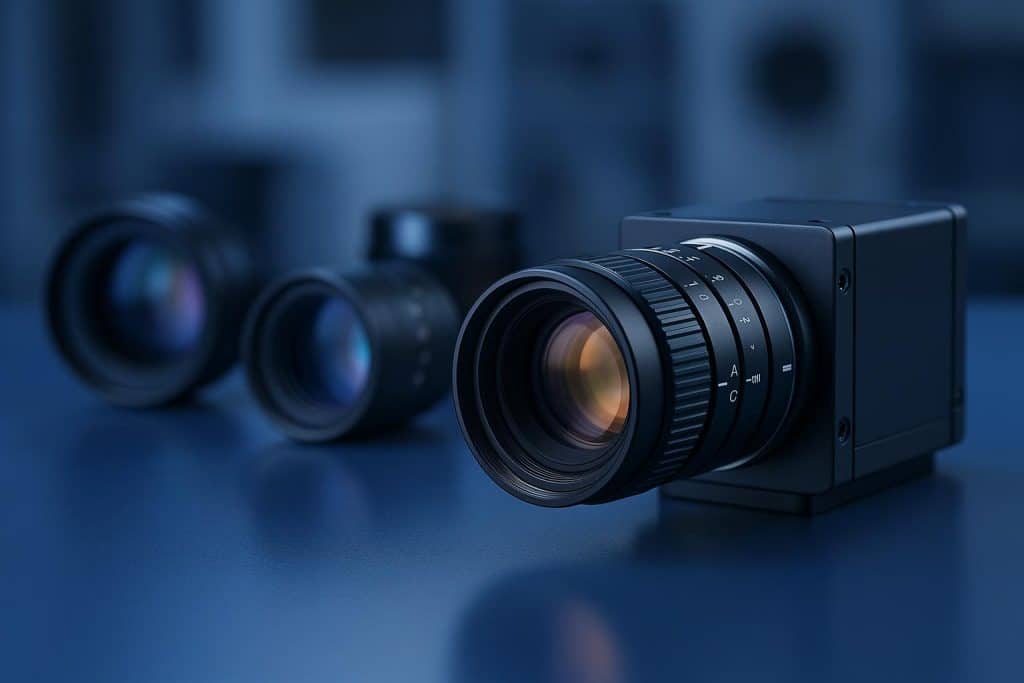Close-up of advanced machine vision lens system used in industrial automation and inspection