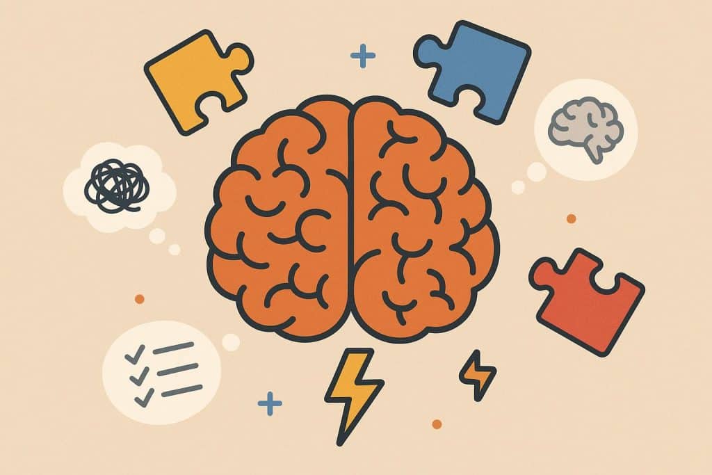 Brain illustration with highlighted areas representing ADHD types and cognitive impact