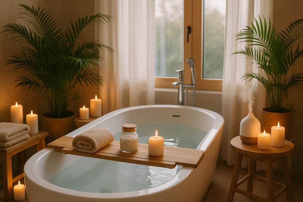 Luxurious home bathroom with freestanding tub, candles, and plants for a spa-like experience