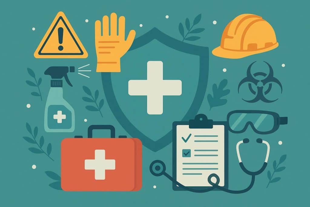 Medical professional reviewing workplace safety protocols in a healthcare facility for occupational health