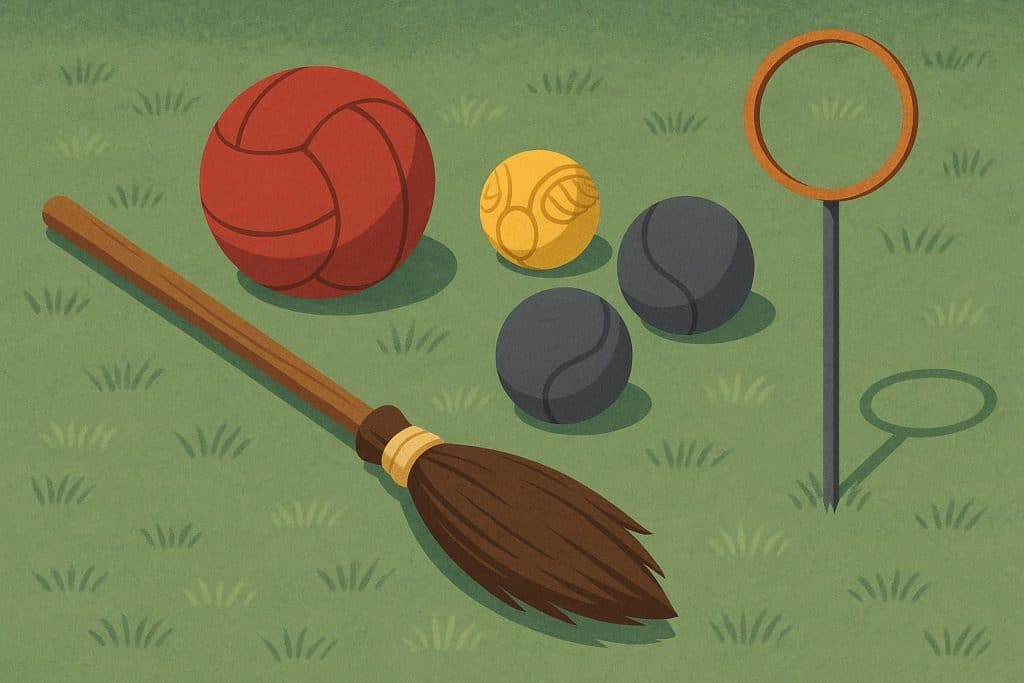 Quadball players in action on a grassy field with hoops during a beginner-friendly match