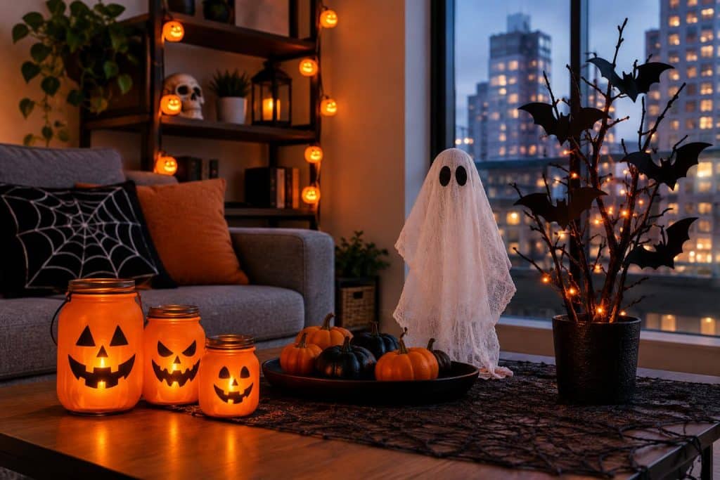 5 Cheap and Spooky Halloween Decorations for Your Condo Affordable spooky Halloween decorations like pumpkins, candles, and cobwebs in a modern condo.